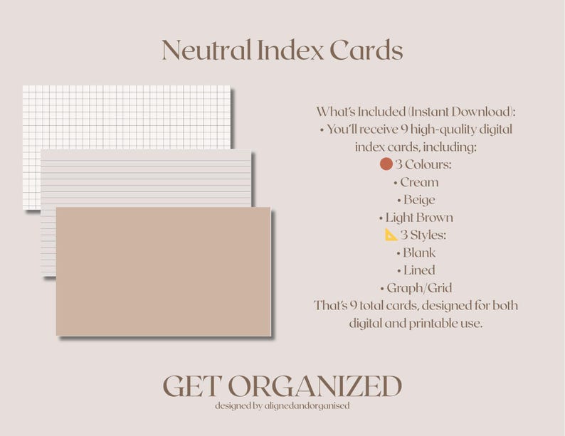 Może przedstawiać: Trzy karty indeksu w neutralnych odcieniach: kremowa kratka, beżowa w linie i jasnobrązowa pusta. Obraz zawiera tekst: "Neutral Index Cards" i "GET ORGANIZED". Karty są przeznaczone do użytku cyfrowego i drukowanego.