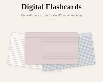 May include: Digital flashcards for GoodNotes and Notability featuring the text Aligned & Organised, Digital Flashcards, Minimalist index cards for GoodNotes & Notability, 7 Layouts, 7 Colours, 49 Cards, Instant digital download. Three rectangular cards.