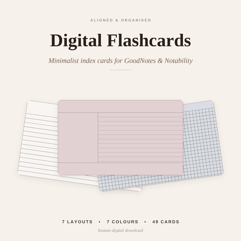 Puede incluir: Tarjetas de memoria digitales para GoodNotes y Notability con el texto Aligned & Organised, Digital Flashcards, Minimalist index cards for GoodNotes & Notability, 7 Layouts, 7 Colours, 49 Cards, Instant digital download. Tres tarjetas rectangulares.