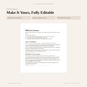 May include: An editable study guide document titled Aligned & Organised, featuring the text Make It Yours, Fully Editable. It includes sections for Google Doc, professor rules, and fill-in notes. The page covers legal topics like Which Law Governs.