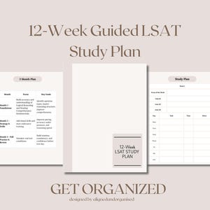 Può includere: Un piano di studio beige con il testo "12-Week Guided LSAT Study Plan". Il piano include una panoramica di 3 mesi e un programma di studio settimanale. Il testo "GET ORGANIZED" è in basso.