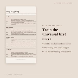 May include: A beige educational document titled Aligned & Organised featuring a table on the left with sections for Evaluating & Applying, Reasoning, and Paradox. The right side displays the text Train the universal first move with bullet points.