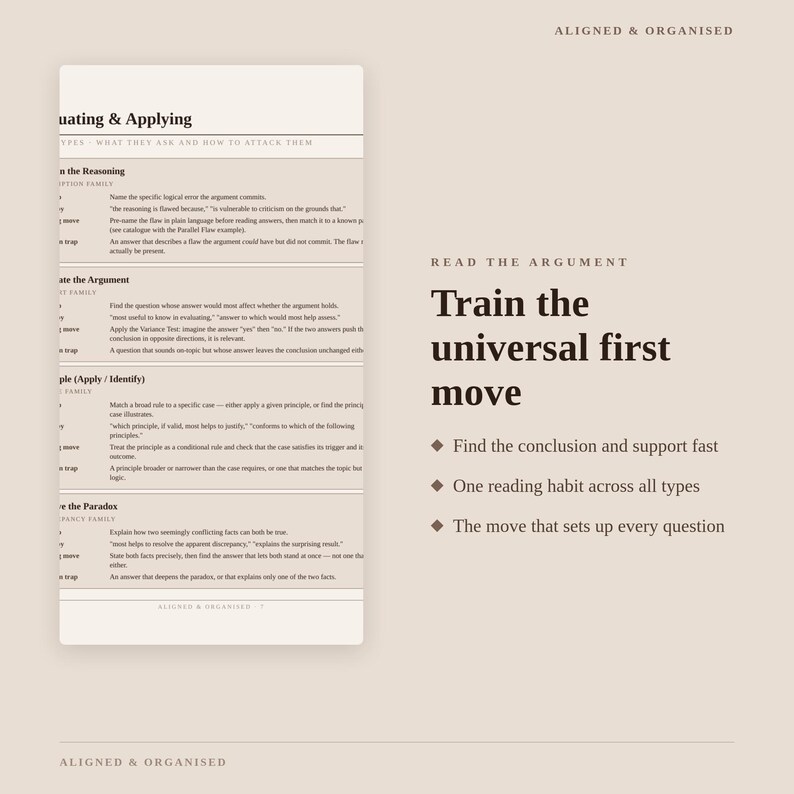 May include: A beige educational document titled Aligned & Organised featuring a table on the left with sections for Evaluating & Applying, Reasoning, and Paradox. The right side displays the text Train the universal first move with bullet points.