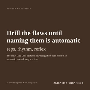 May include: A dark brown graphic print featuring the white text: ALIGNED & ORGANISED, Drill the flaws until naming them is automatic, reps, rhythm, reflex, The Flaw-Type Drill Set turns flaw recognition from effortful to automatic, one calm rep at a time, Master the argument. Calm every nerve.