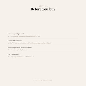 May include: A digital information sheet titled Questions Before you buy, featuring four FAQs regarding product format, software compatibility, Google Sheets access, and printing options in Letter and A4 sizes, with the brand name Aligned & Organised at the bottom.