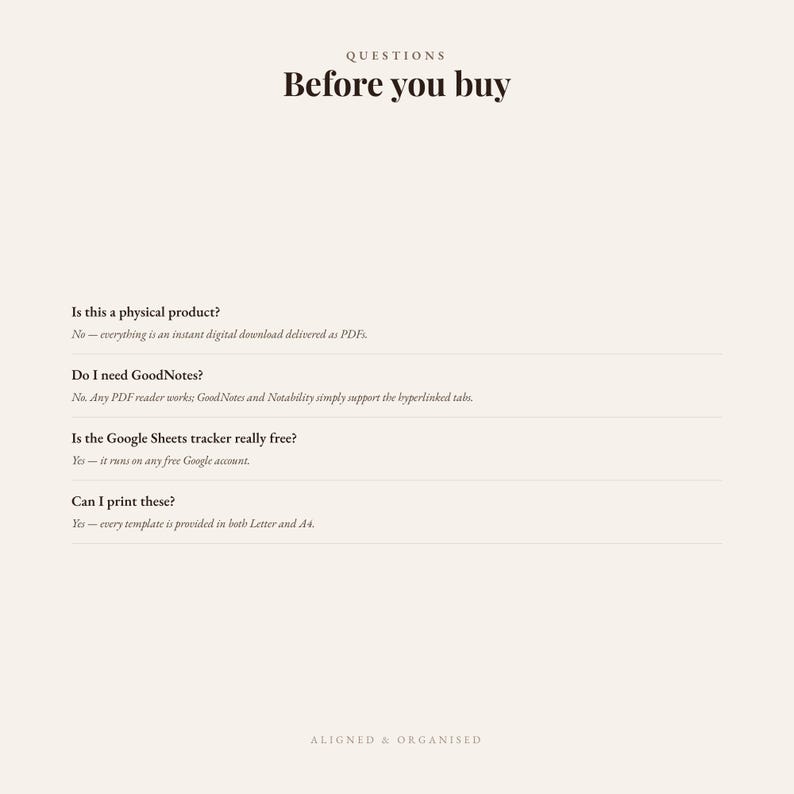 May include: A digital information sheet titled Questions Before you buy, featuring four FAQs regarding product format, software compatibility, Google Sheets access, and printing options in Letter and A4 sizes, with the brand name Aligned & Organised at the bottom.