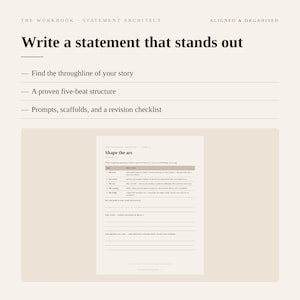 Puede incluir: Una p&aacute;gina de libro de ejercicios digital titulada Statement Architect con el encabezado Write a statement that stands out. Enumera caracter&iacute;sticas que incluyen un hilo conductor, una estructura de cinco tiempos y una lista de revisi&oacute;n.