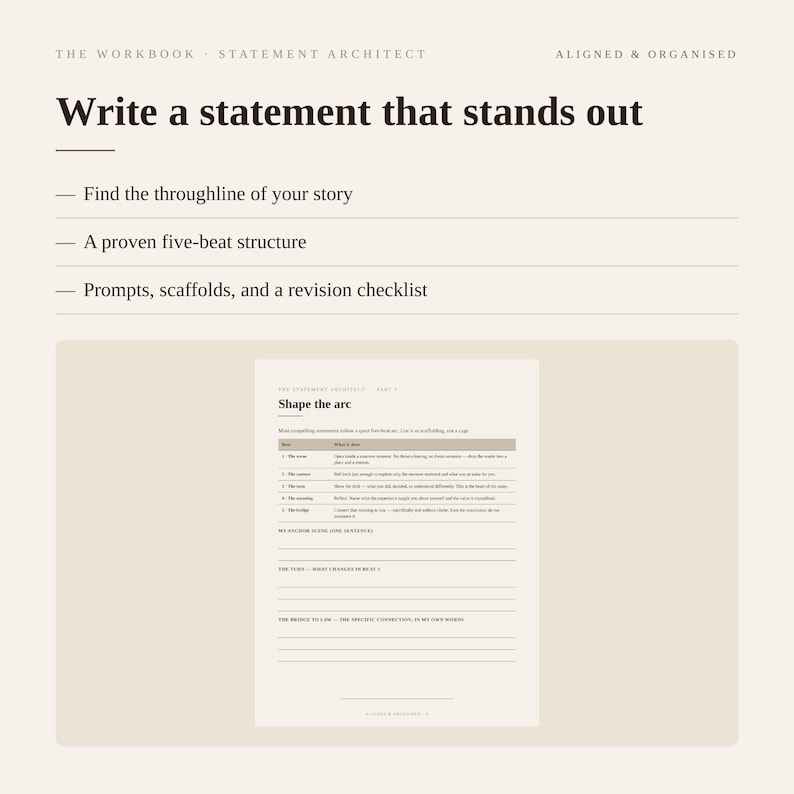 Puede incluir: Una p&aacute;gina de libro de ejercicios digital titulada Statement Architect con el encabezado Write a statement that stands out. Enumera caracter&iacute;sticas que incluyen un hilo conductor, una estructura de cinco tiempos y una lista de revisi&oacute;n.