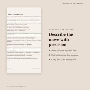 May include: A study guide page titled Aligned & Organised featuring Method & Valid Reasoning text, logic questions, and a section titled Method of Reasoning with instructions to describe the move with precision, name the argument, and match language.