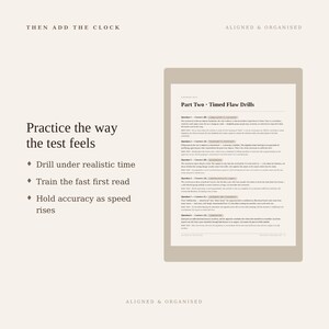 May include: A digital document page titled Part Two Timed Flaw Drills with an answer key and explanations. The text reads Practice the way the test feels, Drill under realistic time, Train the fast first read, and Hold accuracy as speed rises.