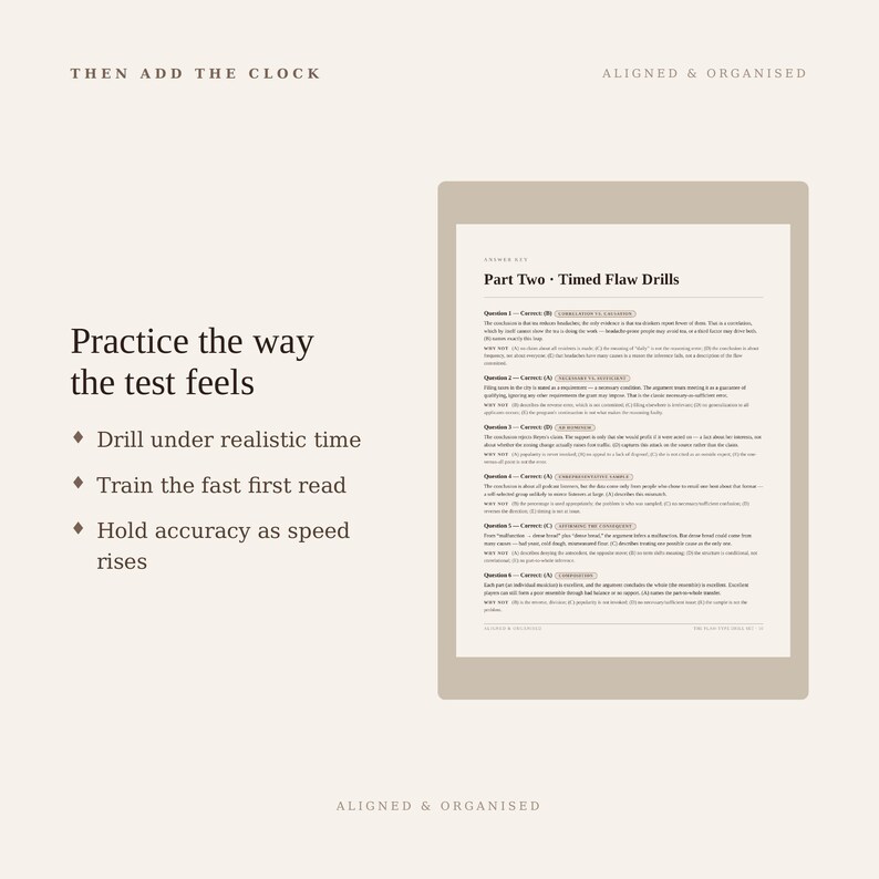 May include: A digital document page titled Part Two Timed Flaw Drills with an answer key and explanations. The text reads Practice the way the test feels, Drill under realistic time, Train the fast first read, and Hold accuracy as speed rises.
