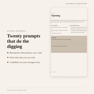 Puede incluir: Un documento digital titulado Aligned & Organised que presenta Guided Prompts, Twenty prompts that do the digging, y puntos sobre lluvia de ideas, historias &uacute;nicas y candidatos. La p&aacute;gina incluye una secci&oacute;n Opening con texto.