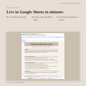May include: A digital spreadsheet template titled Logical Reasoning Mastery System, designed for Google Sheets. The interface displays sections for Welcome, How it works in three moves, Make it live in Google Sheets, and A note on pace.