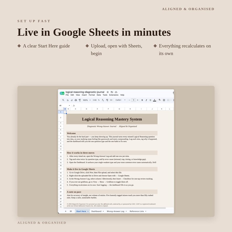 May include: A digital spreadsheet template titled Logical Reasoning Mastery System, designed for Google Sheets. The interface displays sections for Welcome, How it works in three moves, Make it live in Google Sheets, and A note on pace.