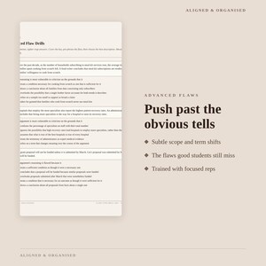 May include: A study guide page titled Aligned & Organised featuring Advanced Flaws, Push past the obvious tells, and bullet points: Subtle scope and term shifts, The flaws good students still miss, and Trained with focused reps, with text drills.