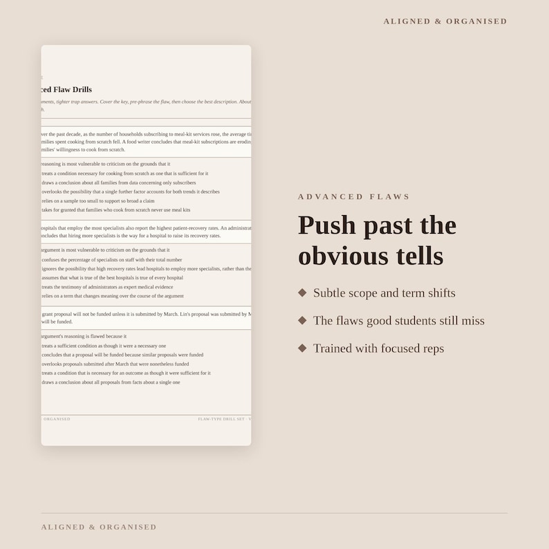 May include: A study guide page titled Aligned & Organised featuring Advanced Flaws, Push past the obvious tells, and bullet points: Subtle scope and term shifts, The flaws good students still miss, and Trained with focused reps, with text drills.