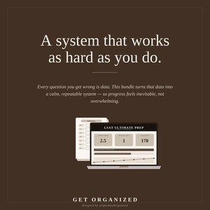 May include: A dark brown digital graphic featuring the text A system that works as hard as you do. Below, a laptop displays an LSAT ULTIMATE PREP dashboard with data fields showing 2.5, 1, and 170, alongside a reflection log and progress chart.