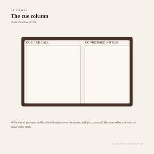 Op de afbeelding: Een rechthoekig studiesjabloon met een donkerbruine rand met twee kolommen gelabeld CUE / RECALL en CONDENSED NOTES. De tekst UP CLOSE, The cue column, Built-in active recall en instructies voor zelfoverhoring zijn op de pagina afgedrukt.
