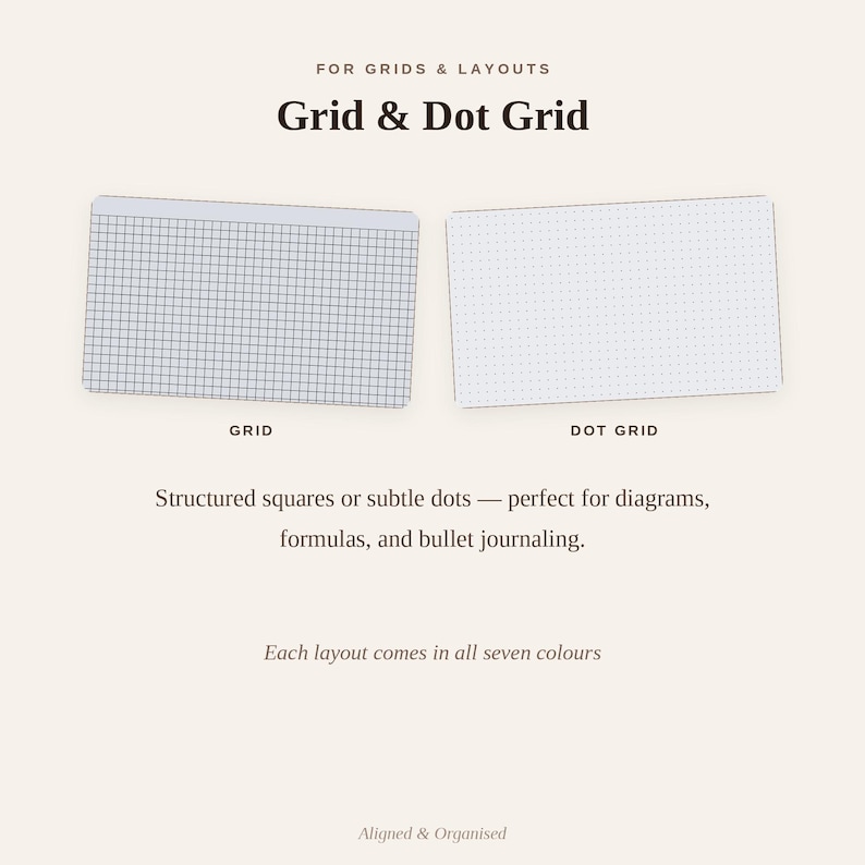 Puede incluir: Dos hojas de papel rectangulares con diferentes dise&ntilde;os: una con un patr&oacute;n de cuadr&iacute;cula negra y otra con un patr&oacute;n de puntos negros. El texto incluye FOR GRIDS & LAYOUTS, Grid & Dot Grid, GRID, DOT GRID, Structured squares or subtle dots, Each layout comes in all seven colours y Aligned & Organised.
