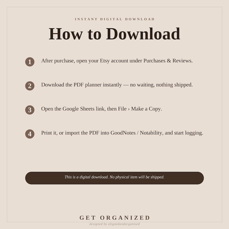 May include: A beige informational graphic titled How to Download with dark brown text. It lists four steps for accessing a digital PDF planner, including opening an Etsy account, downloading the file, using a Google Sheets link, and importing into apps.