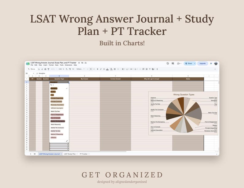 LSAT Study Planner, Wrong Answer Journal, PT Tracker (Google Sheet + PDF Guide) image 1