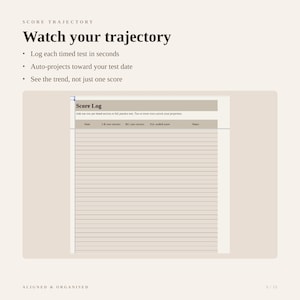 May include: A digital score log template with a beige background featuring the text Score Trajectory and Watch your trajectory. It includes bullet points for logging timed tests and a table with columns for Date, LR raw correct, RC raw correct, Est. scaled score, and Notes.