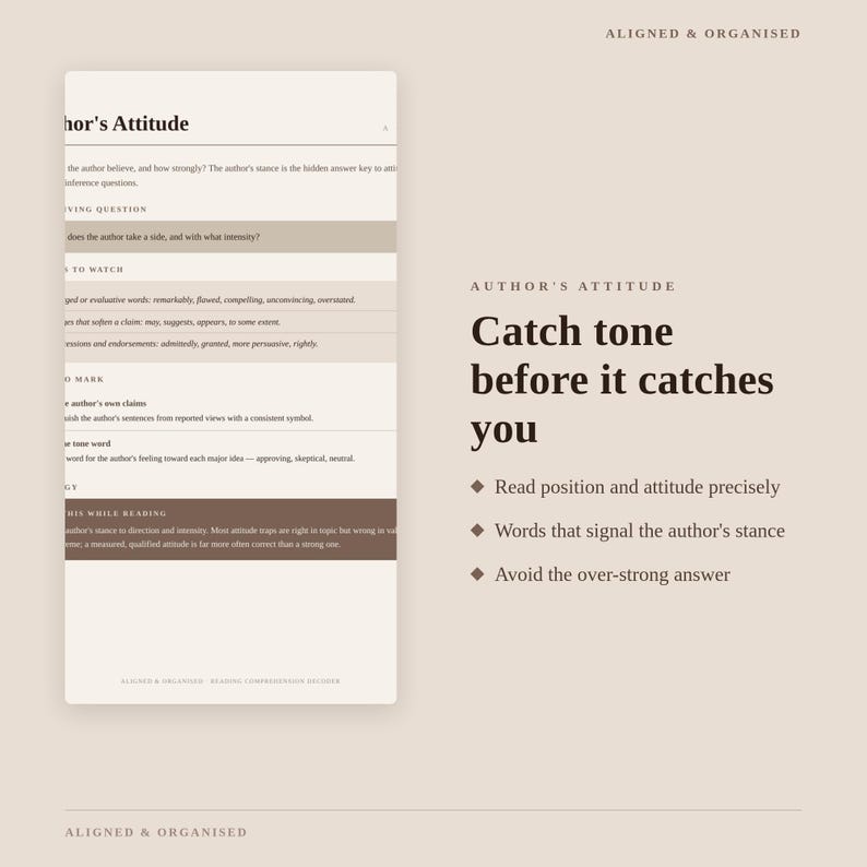 May include: A beige educational study guide titled Aligned & Organised featuring the text Author's Attitude, Catch tone before it catches you, and bullet points about reading position, stance, and avoiding over-strong answers in text analysis.