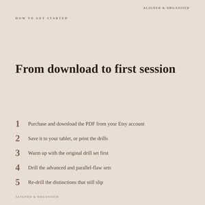 May include: A beige informational graphic titled ALIGNED & ORGANISED HOW TO GET STARTED. The text reads From download to first session, followed by a numbered list: 1. Purchase and download the PDF, 2. Save or print, 3. Warm up, 4. Drill, 5. Re-drill.