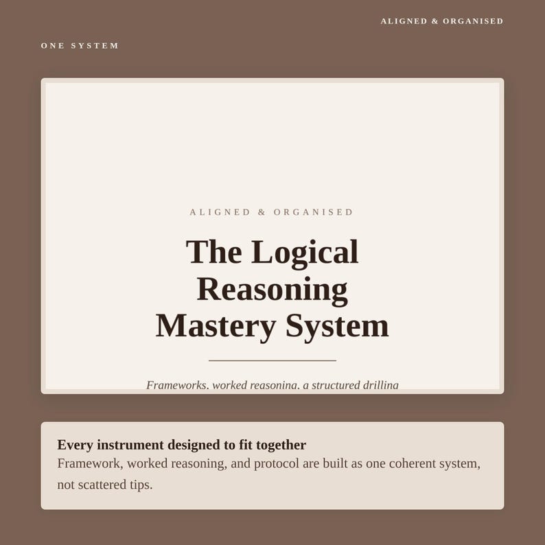 May include: A rectangular graphic with a brown background and cream-colored panels. The text reads: ONE SYSTEM, ALIGNED & ORGANISED, The Logical Reasoning Mastery System, Frameworks, worked reasoning, a structured drilling, Every instrument designed to fit together.