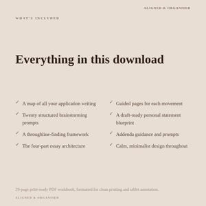 Puede incluir: Un documento digital titulado Everything in this download, que enumera caracter&iacute;sticas que incluyen un mapa de redacci&oacute;n de solicitudes, veinte sugerencias de lluvia de ideas, un marco de b&uacute;squeda de hilos conductores, arquitectura de ensayos, p&aacute;ginas guiadas, un plan de declaraci&oacute;n personal y orientaci&oacute;n para anexos.