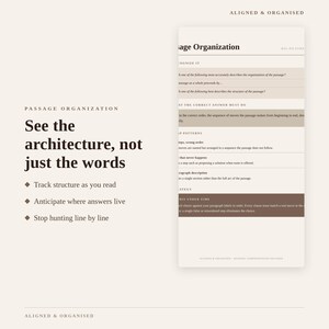 May include: A beige educational study guide titled Passage Organization with the text See the architecture, not just the words, featuring bullet points about reading comprehension strategies and a detailed breakdown of passage structure analysis.