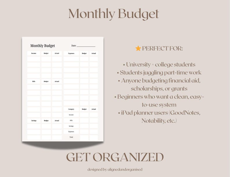 May include: A beige digital planner page titled "Monthly Budget" with a grid for tracking income, expenses, and savings. The text "GET ORGANIZED" is at the bottom. The planner is designed by alignedandorganised.
