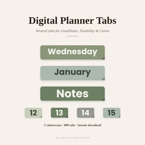 Könnte beinhalten: Digitale Planer-Registerkarten mit dem Text Digital Planner Tabs, Neutral tabs for GoodNotes, Notability & Canva, Wednesday, January, Notes, 12, 13, 14, 15, 5 colourways, 890 tabs, instant download, und ALIGNED & ORGANISED in Grüntönen.