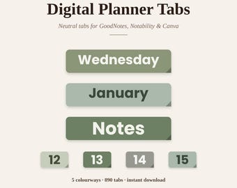 Digital Planner Tabs, Neutral GoodNotes Stickers, Days of the Week, Months, Dates & Section Labels, PNG Digital Sticker Book