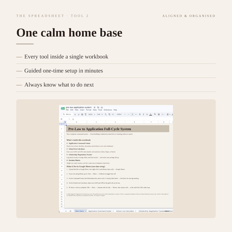 Puede incluir: Una plantilla de hoja de c&aacute;lculo digital titulada One calm home base, que presenta un sistema completo para solicitudes de derecho. La interfaz muestra pesta&ntilde;as para un centro de comando, calculadora de lista de escuelas, rastreador de becas y matriz de decisi&oacute;n, con instrucciones de configuraci&oacute;n.