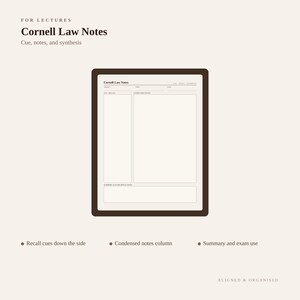 Op de afbeelding: Een Cornell Law Notes sjabloon met een donkerbruine rand op een lichte achtergrond. De pagina bevat secties voor onderwerp, datum, trefwoorden, samengevatte notities en een vak voor samenvattingen. Tekst: "FOR LECTURES", "Cornell Law Notes", "Cue, notes, and synthesis" en "ALIGNED & ORGANISED".