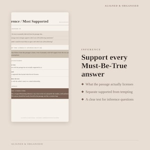 May include: A study guide page titled Aligned & Organised featuring the text Inference / Most Supported and Support every Must-Be-True answer. The document outlines strategies for reading comprehension, including bullet points for test questions.