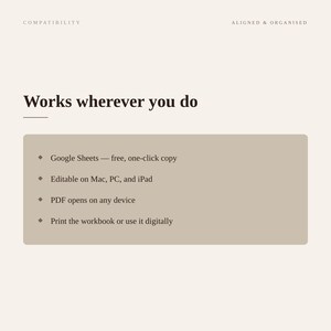Puede incluir: Un gr&aacute;fico informativo beige con los encabezados Compatibility y Aligned & Organised. El texto dice Works wherever you do, seguido de una lista: Google Sheets &mdash; free, one-click copy, Editable on Mac, PC, and iPad, PDF opens on any device, Print the workbook or use it digitally.