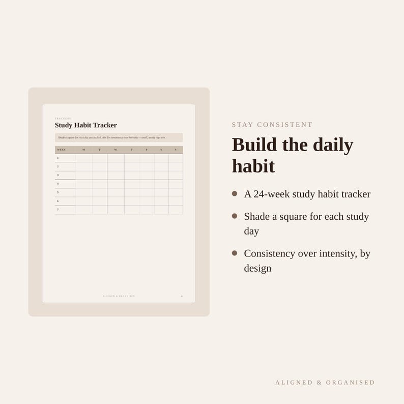Puede incluir: Una p&aacute;gina de seguimiento de h&aacute;bitos de estudio con una cuadr&iacute;cula para 24 semanas. El texto dice: Study Habit Tracker, STAY CONSISTENT, Build the daily habit, A 24-week study habit tracker, Shade a square for each study day, Consistency over intensity, by design, ALIGNED & ORGANISED.