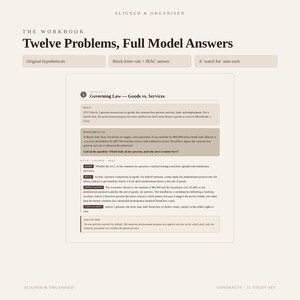 May include: A study workbook titled Twelve Problems, Full Model Answers, featuring a page on Governing Law regarding goods versus services. The text includes sections for rules, hypotheticals, and IRAC model answers for legal study purposes.