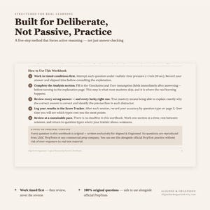 May include: A page from a workbook titled Built for Deliberate, Not Passive, Practice. It outlines a five-step method for active reasoning, including instructions to work in timed conditions, complete analysis, review answers, log results, and pace study.