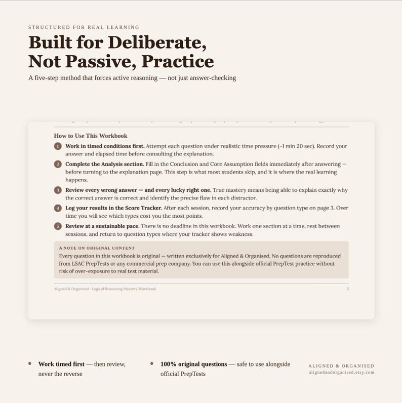 May include: A page from a workbook titled Built for Deliberate, Not Passive, Practice. It outlines a five-step method for active reasoning, including instructions to work in timed conditions, complete analysis, review answers, log results, and pace study.