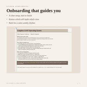 May include: A digital document titled Complete LSAT Operating System featuring a Unified Diagnostic Dashboard. The text outlines instructions for a weekly two-minute sync, Google Sheets integration, and a note on pace for study tracking.