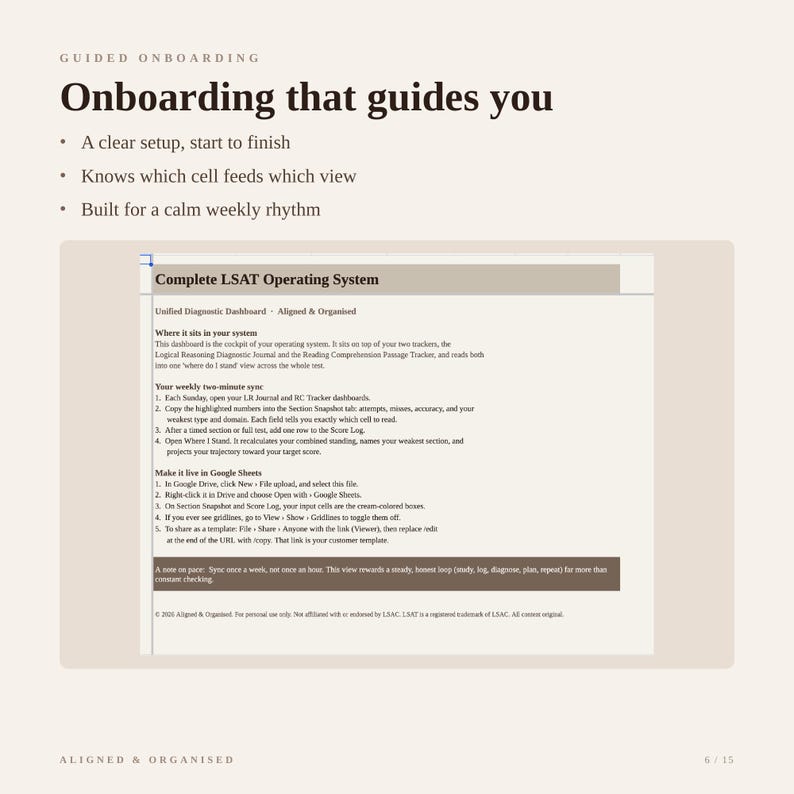 May include: A digital document titled Complete LSAT Operating System featuring a Unified Diagnostic Dashboard. The text outlines instructions for a weekly two-minute sync, Google Sheets integration, and a note on pace for study tracking.
