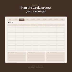 May include: A digital weekly planner template on a dark brown background with the text Plan the week, protect your evenings. The planner features tabs for Home, Months, Weeks, Days, Schedule, Reading, Cold Calls, Outlines, Deadlines, and Exams.