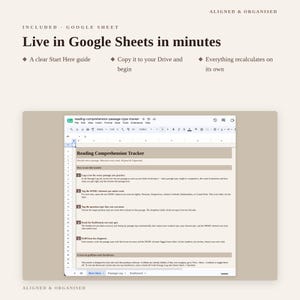 May include: A digital Reading Comprehension Tracker template for Google Sheets. The interface displays a guide with numbered steps for logging passages, tagging SPARC elements, and using a dashboard to calculate accuracy and track progress.