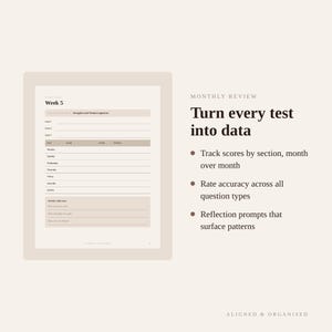Puede incluir: Una p&aacute;gina de planificador digital titulada Week 5 con secciones para objetivos, seguimiento diario y reflexi&oacute;n semanal. Al lado, el texto dice Monthly Review, Turn every test into data, junto a tres puntos sobre el seguimiento de datos.