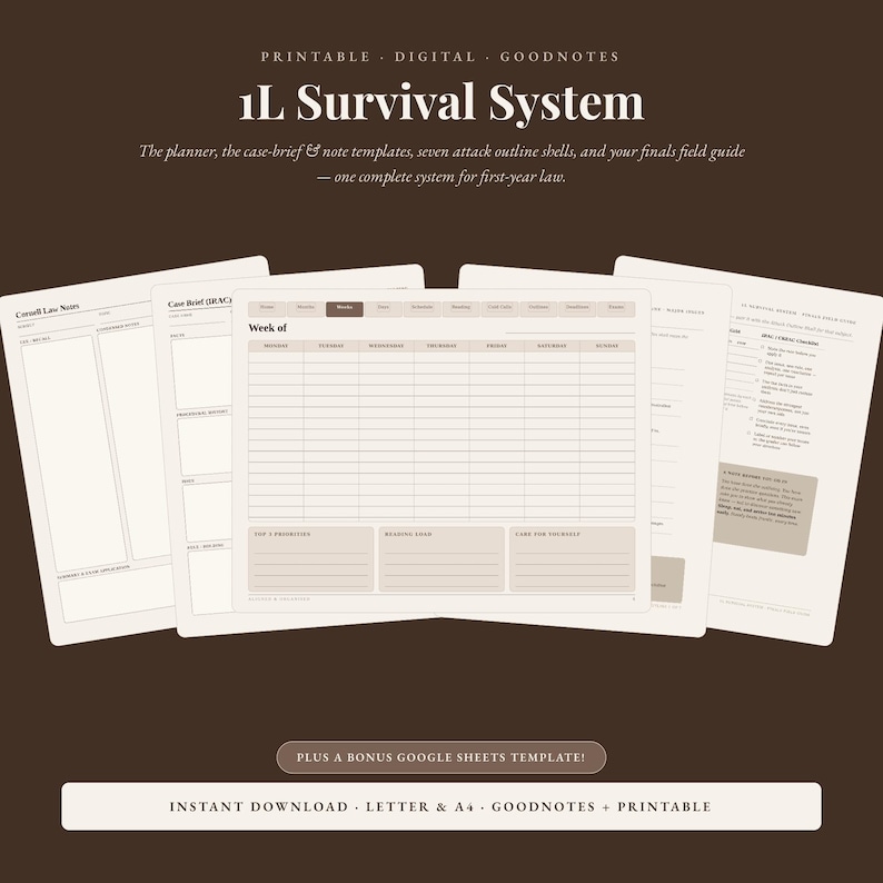 May include: A digital planner set titled 1L Survival System, featuring printable templates for law students. Includes a weekly schedule, Cornell law notes, case brief IRAC forms, and a finals field guide. The design uses a neutral color palette.