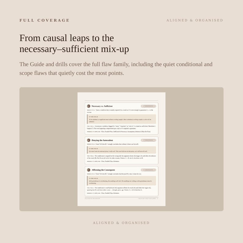 May include: A beige educational document titled From causal leaps to the necessary-sufficient mix-up. It features three sections detailing logical flaws: Necessary vs. Sufficient, Denying the Antecedent, and Affirming the Consequent with text.