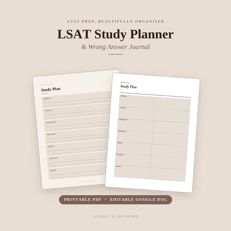 LSAT Study Planner & Wrong Answer Journal | Editable Google Doc + Printable PDF | 21-Week Schedule, PT and L R Trackers image 1